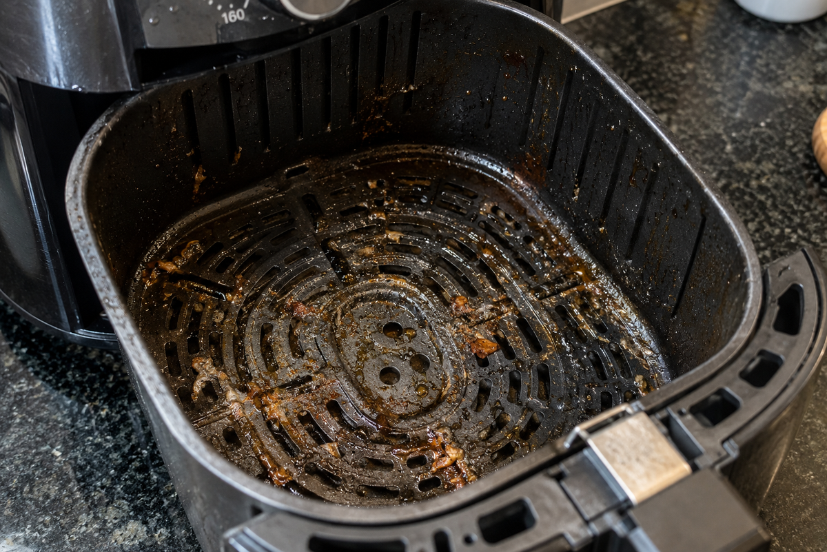 Cesta de la air fryer con grasa y restos pegados