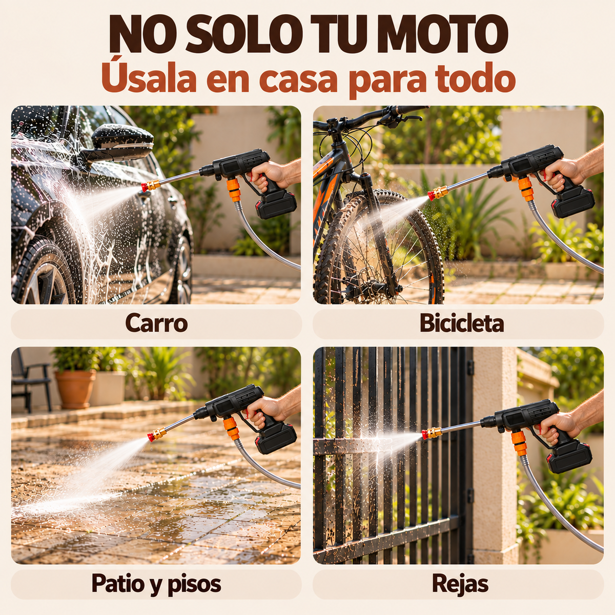 Usos de la hidrolavadora: carro, bicicleta, patio y rejas