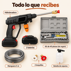 Contenido de la caja: hidrolavadora, 2 baterías, manguera de 5 m, boquillas, botella de espuma y kit de 40 piezas