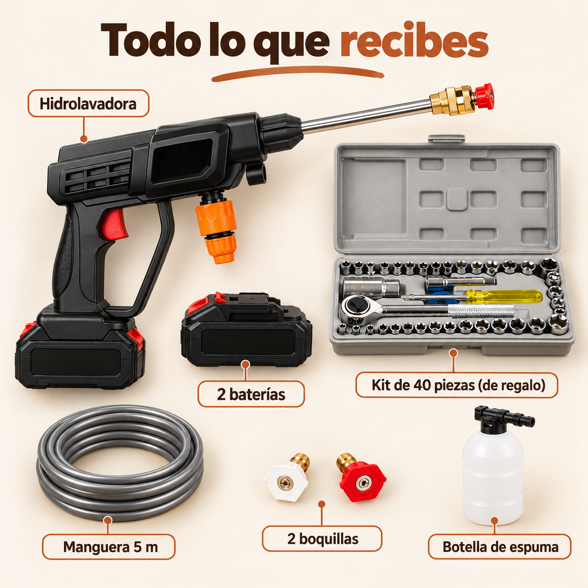 Contenido de la caja: hidrolavadora, 2 baterías, manguera de 5 m, boquillas, botella de espuma y kit de 40 piezas