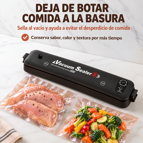 Selladora al vacío automática con pollo y verduras sellados al vacío