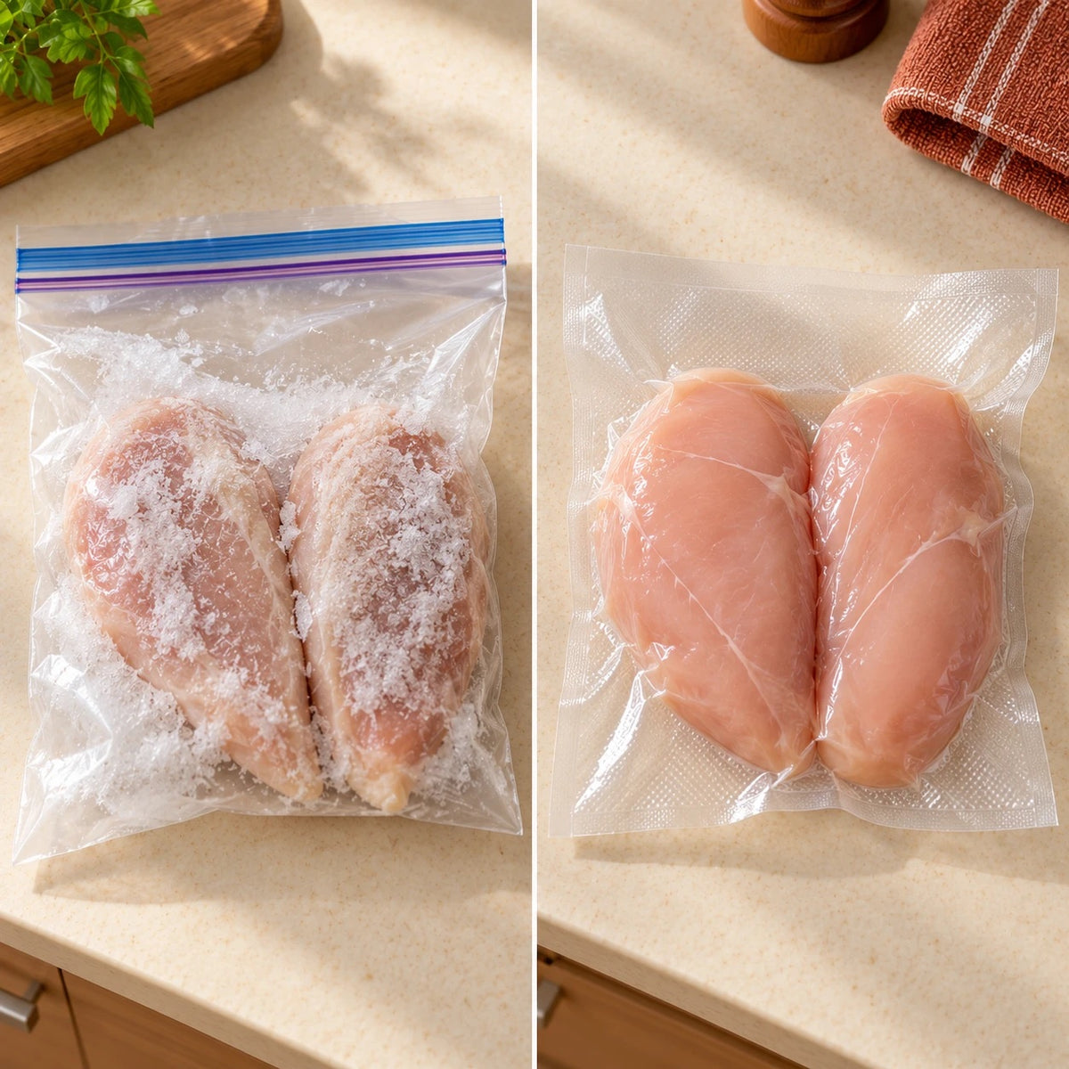Pechugas de pollo en bolsa común con escarcha frente a pechugas selladas al vacío sin aire