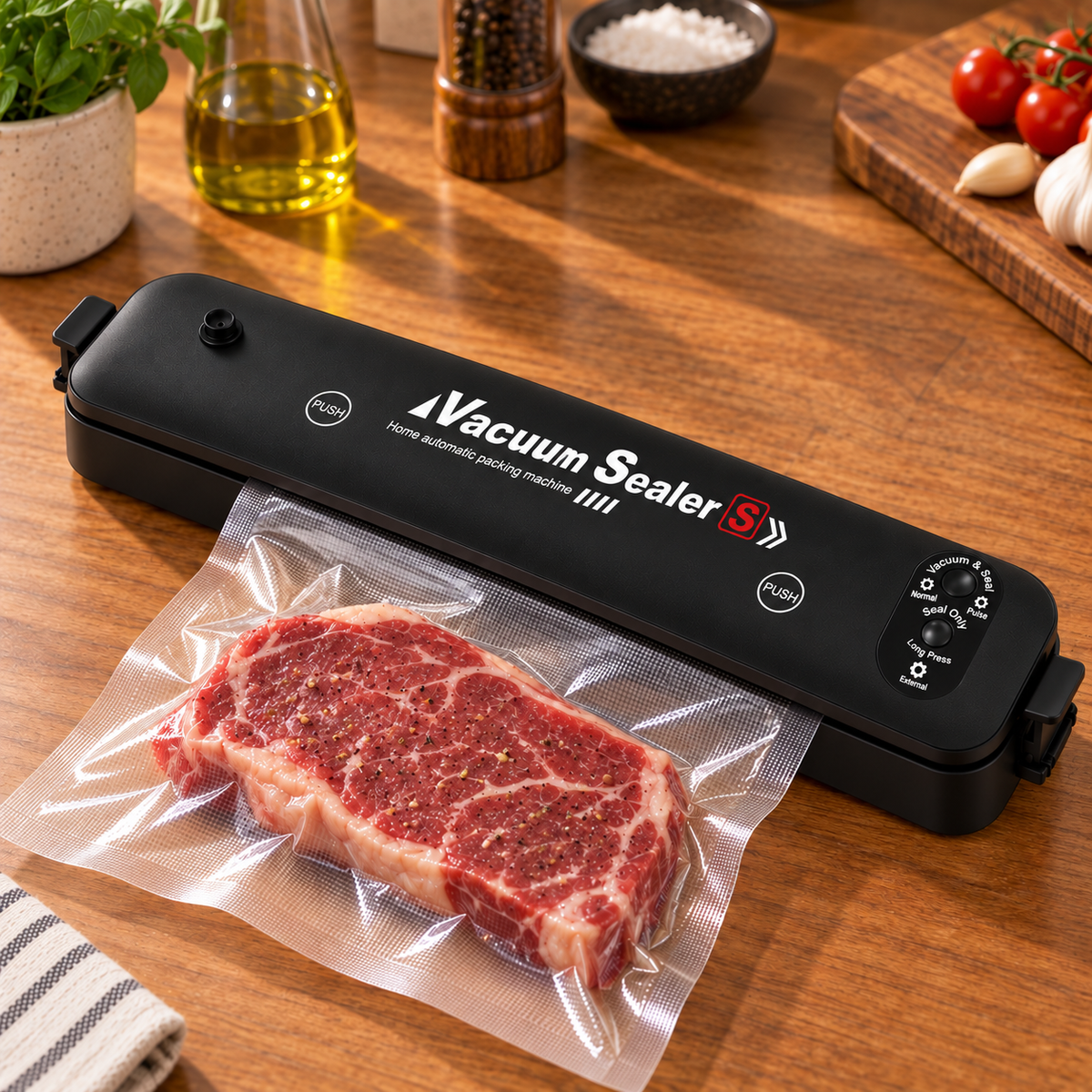 Selladora al vacío automática negra sellando una bolsa con carne