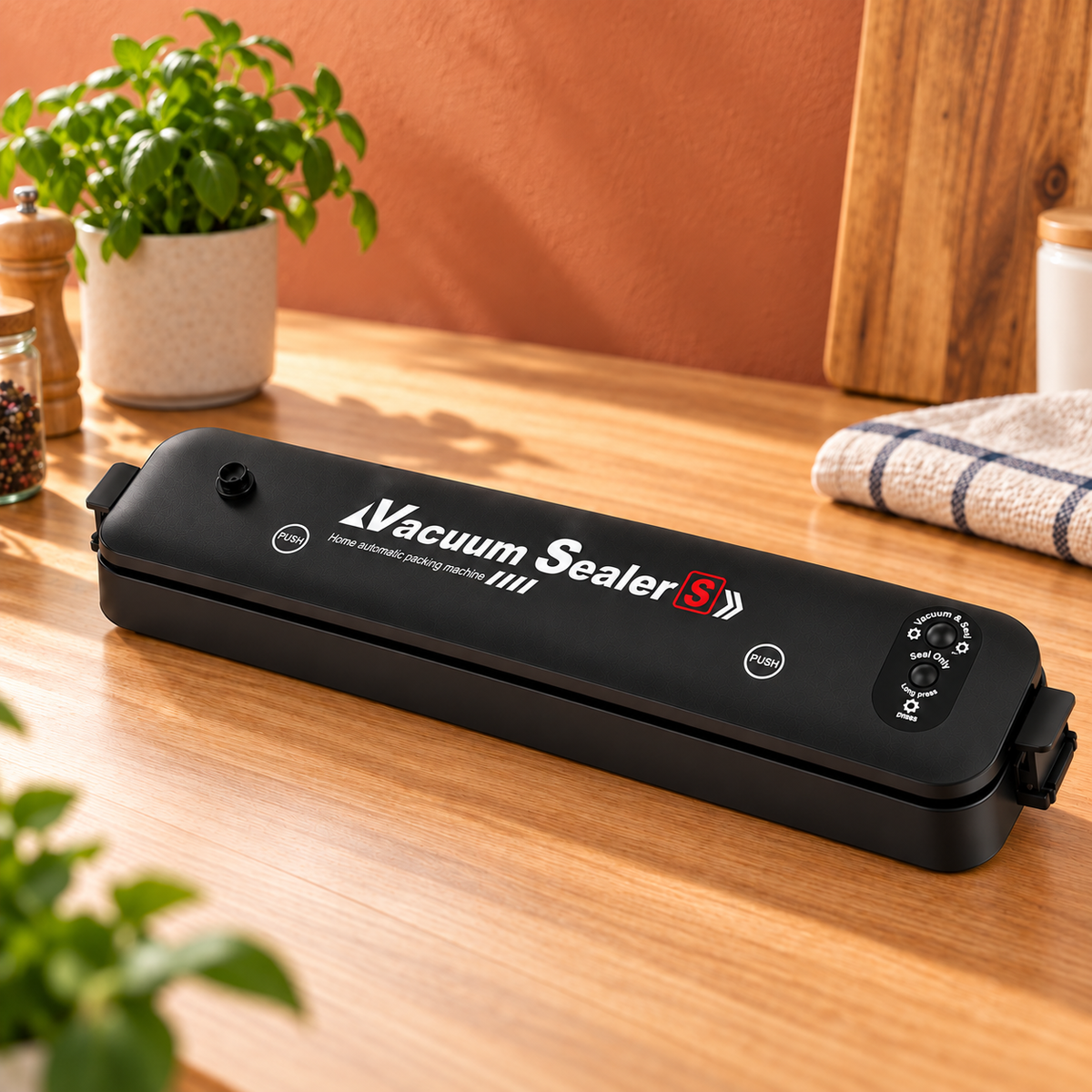 Selladora al vacío automática negra sobre mesa de cocina