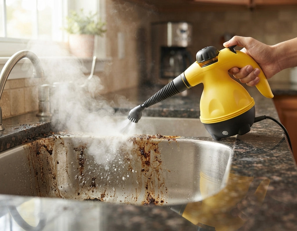 VaporaX limpiando el fregadero de la cocina con vapor