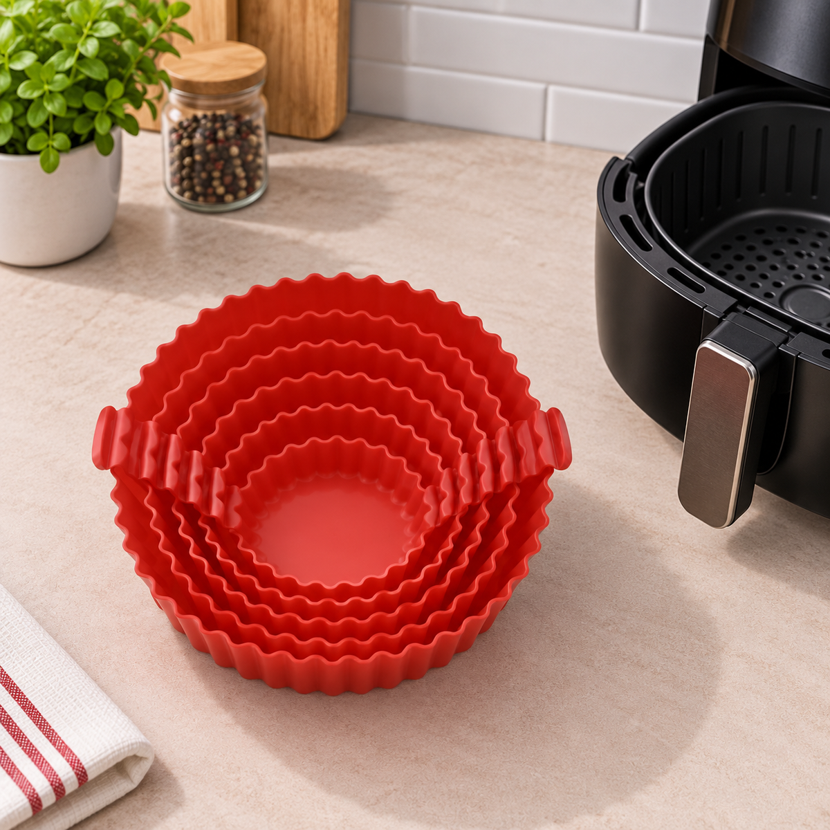 Moldes de Silicona Air Fryer – Antiadherentes, Aptos Lavavajillas, x6 Tamaños